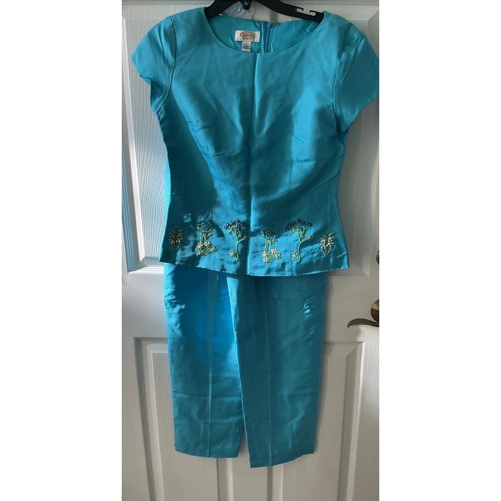 Talbots Silk 2Pc Beaded Pant Set Turquoise Blue Size 4P